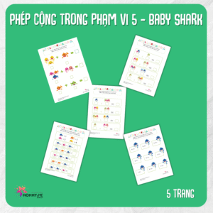 Tải về (FILE MỀM) Phiếu bài tập (Worksheet) Baby Shark – Phép cộng trong phạm vi 5 | Toán Học cho bé độ tuổi 4-7 | Download PDF | tô màu