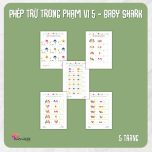 Tải về (FILE MỀM) Phiếu bài tập (Worksheet) Baby Shark – Phép trừ trong phạm vi 5 | Toán Học cho bé độ tuổi 4-7 | Download PDF | tô màu