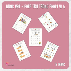 Tải về (FILE MỀM) Phiếu bài tập (Worksheet) Động vật – Phép trừ trong phạm vi 5 | Toán Học cho bé độ tuổi 4-7 | Download PDF | tô màu