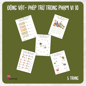 Tải về (FILE MỀM) Phiếu bài tập (Worksheet) Động vật– Phép trừ trong phạm vi 10 | Toán Học cho bé độ tuổi 4-7 | Download PDF | tô màu