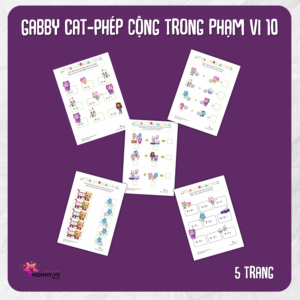 Tải về (FILE MỀM) Phiếu bài tập (Worksheet) Gabby Cat – Phép cộng trong phạm vi 10 | Toán Học cho bé độ tuổi 4-7 | Download PDF | tô màu