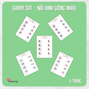 Tải về (FILE MỀM) Phiếu bài tập (Worksheet) Gabby Cat – Nối hình giống nhau | Logic & Nhận thức cho bé độ tuổi 3-6 | Download PDF | tô màu