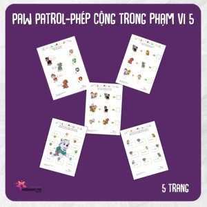 Tải về (FILE MỀM) Phiếu bài tập (Worksheet) Paw Patrol – Phép cộng trong phạm vi 5 | Toán Học cho bé độ tuổi 4-7 | Download PDF | tô màu