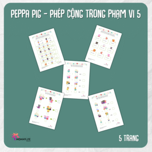 Tải về (FILE MỀM) Phiếu bài tập (Worksheet) Peppa Pig – Phép cộng trong phạm vi 5 | Toán Học cho bé độ tuổi 4-7 | Download PDF | tô màu